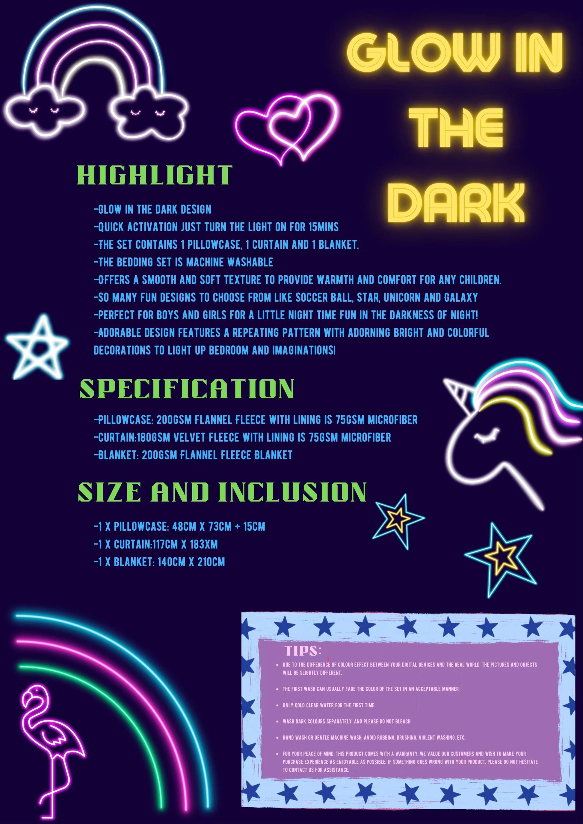 Ramesses 3 Pcs Kids Glow In The Dark Bedroom SET/Star Blanket - Ander Home